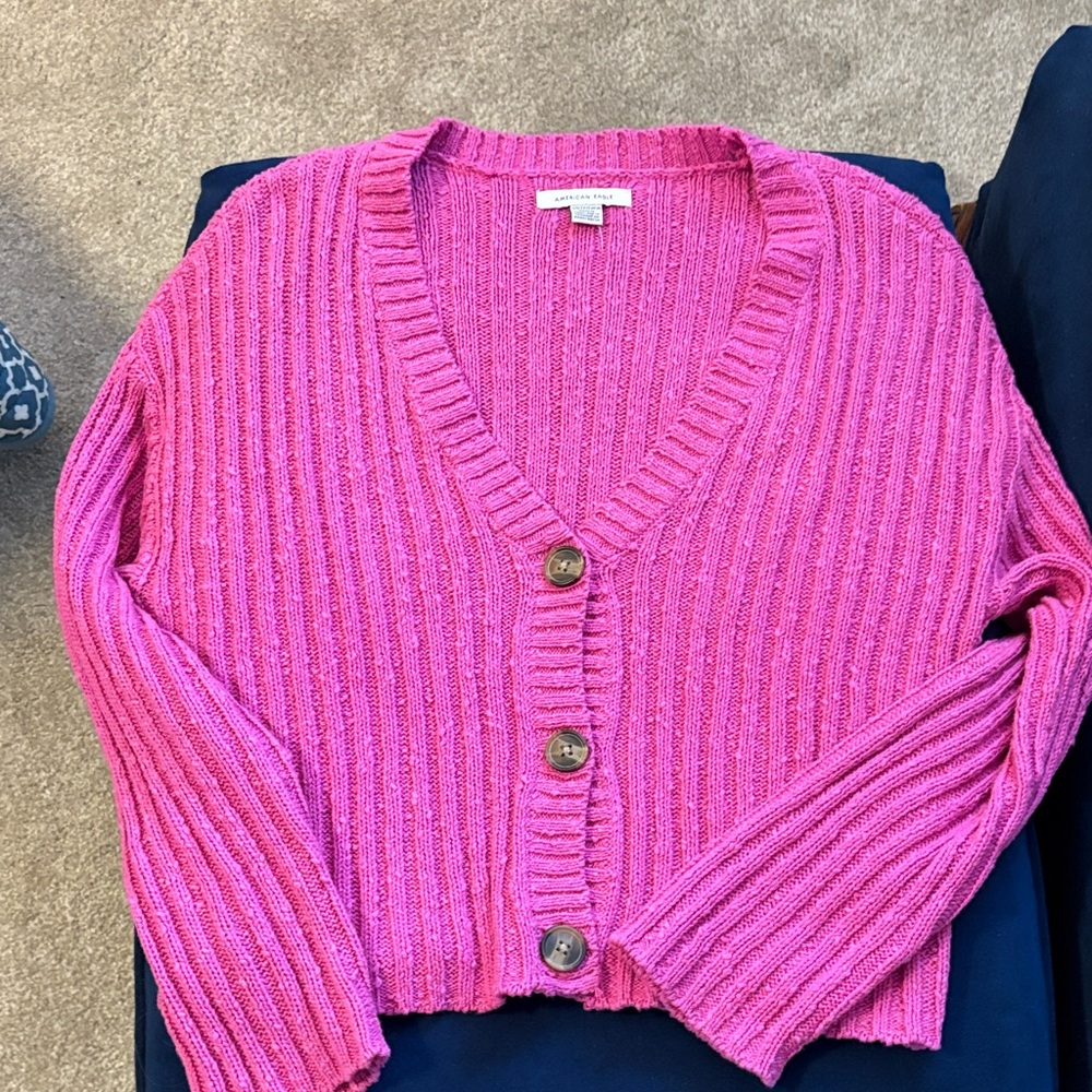 American Eagle Pink Ribbed Button-Up Cardigan